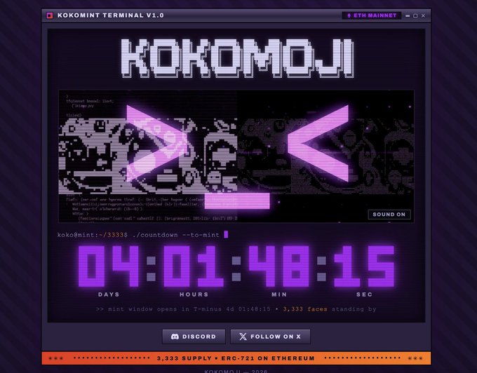 A retro-style terminal interface for 'KOKOMOJI' displaying a countdown timer '04:01:48:15' for the mint window, along with Discord and 'FOLLOW ON X' buttons and text '3,333 SUPPLY • ERC-721 ON ETHEREUM'.