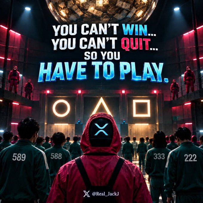 Stylized 'Squid Game' inspired fan art image with the text 'YOU CAN'T WIN... YOU CAN'T QUIT... SO YOU HAVE TO PLAY' above a masked figure in red, flanked by numbered guards (589, 588, 333, 222) and glowing geometric symbols, credited to @Real_JackJ.