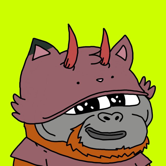 A cartoon illustration of a character wearing a purple cat-eared hat with red horns, featuring a large grinning face with prominent teeth and an orange beard against a bright green background.