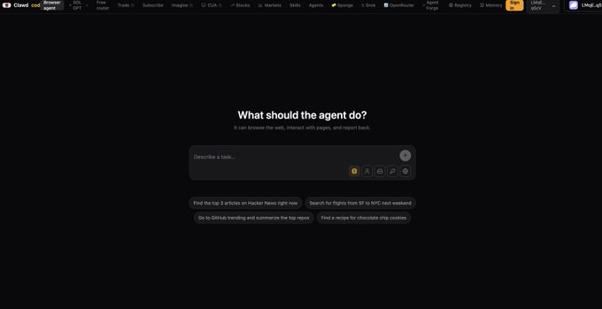 A dark-themed web browser interface with a prompt asking 'What should the agent do?' featuring a task input field and example suggestions like 'Find the top 3 articles on Hacker News right now' and 'Search for flights from SF to NYC next weekend'.
