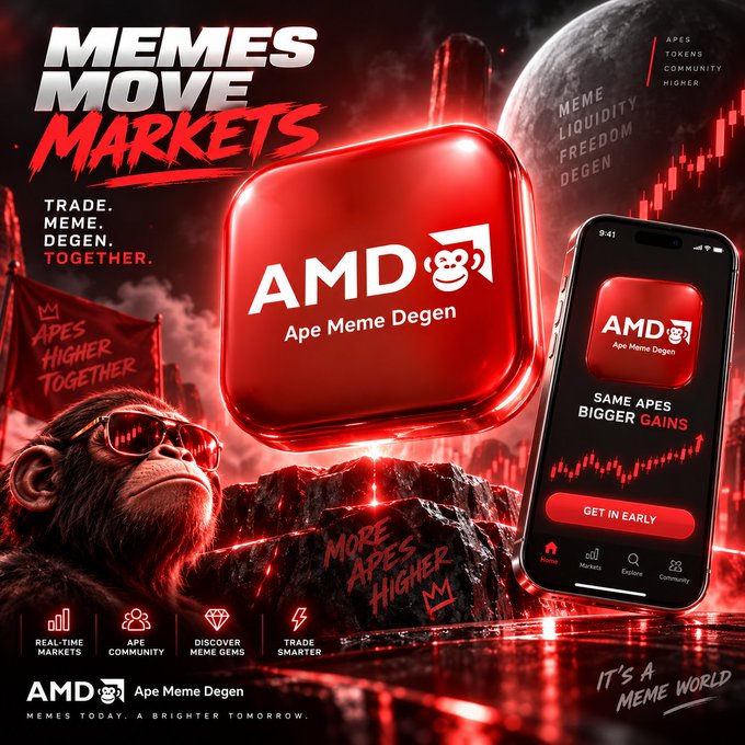Promotional graphic for AMD (Ape Meme Degen) cryptocurrency with text 'MEMES MOVE MARKETS', 'TRADE. MEME. DEGEN. TOGETHER.', featuring a chimpanzee wearing sunglasses and a mobile app interface.