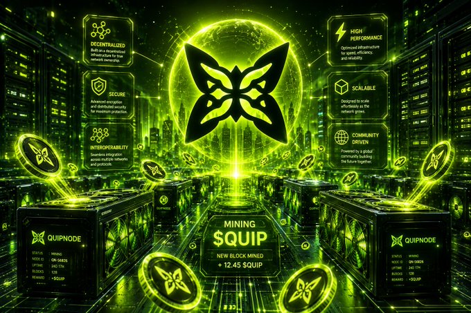 A vibrant green futuristic graphic promoting the cryptocurrency $QUIP, featuring the text 'MINING $QUIP NEW BLOCK MINED +12.45 $QUIP' and highlighting features like 'DECENTRALIZED', 'SECURE', and 'HIGH PERFORMANCE'.