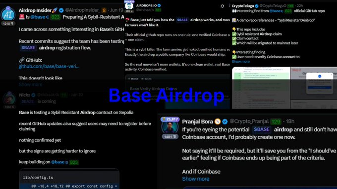 The image shows several posts related to airdrops, with one of them discussing the $BASE airdrop that is coming soon. The other posts are about Base GitHub and Base Airdrop, which are both related to cryptocurrency transactions. The posts also include mentions of KYC or Coinbase connections, suggesting that the users might be preparing for an airdrop on these platforms.