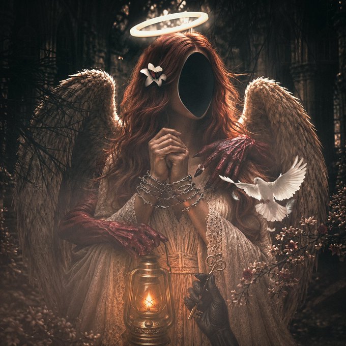 A dark fantasy digital artwork of an angelic figure with a black void for a face, a golden halo, wings, and chained hands, holding a lantern, accompanied by a bloodied claw, a white dove, and a key in a shadowy setting.