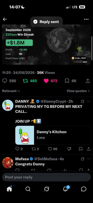 A Twitter/X post showing a trade result with '+ $1.8M' profit for September 2026, from user 'Code...TWSP', along with a reply from @DannyCrypt promoting 'DANNY'S KITCHEN' on Telegram and a congratulation from @SolMufasa.