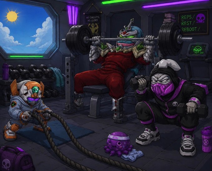 Digital artwork depicting cartoon-style characters in a gym setting, with a central figure lifting heavy weights, a character on the right doing squats, a small robot pulling battle ropes, and a purple octopus nearby.