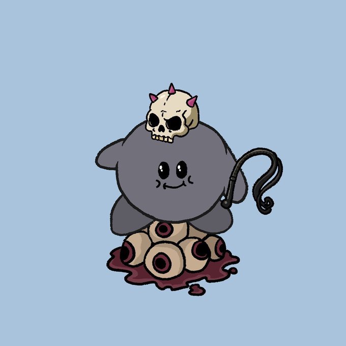 A cartoon illustration of a cute, round gray creature with small horns sitting on a cluster of eyeballs, with a small horned skull on its head and a hook for an arm.
