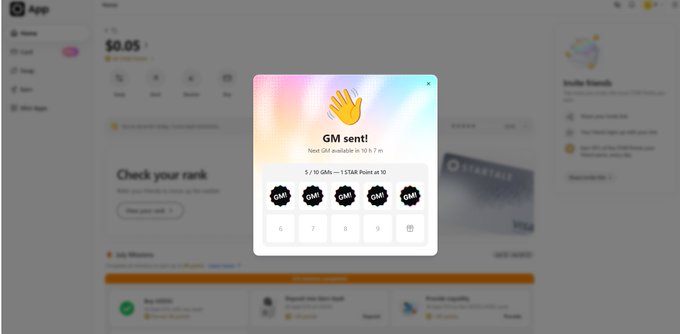 A screenshot of a mobile app interface showing a 'GM sent!' confirmation popup with a waving hand emoji, displaying '5/10 GMs — 1 STAR Post as 10' above a number pad.