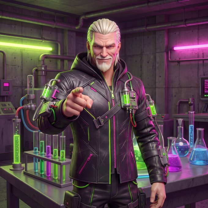 A confident older man with white hair and beard points forward in a neon-lit cyberpunk laboratory, surrounded by glowing green tubes, pink and blue beakers, and vials of vibrant liquids, visually capturing the alchemical, experimental vibe of the $ANSEM airdrop contest featured in the post.