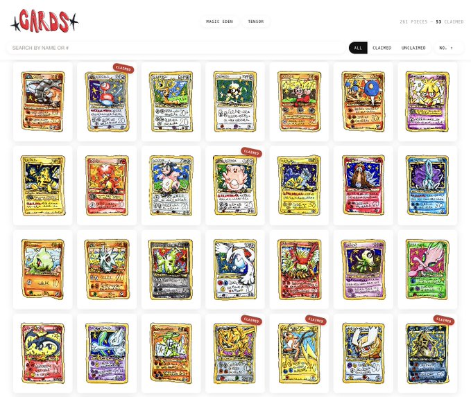A website screenshot from "CARDS" showing a gallery of 281 hand-drawn Pokémon card pieces by the artist Magie Eden, with 53 claimed, displayed in a grid layout.