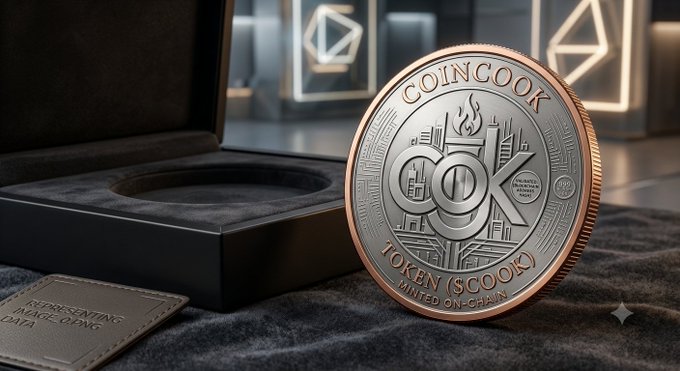 A close-up of a silver and copper commemorative coin labeled 'COINCOOK' and 'TOKEN (SCOOK) MINTED ON-CHAIN' displayed next to a black presentation box.