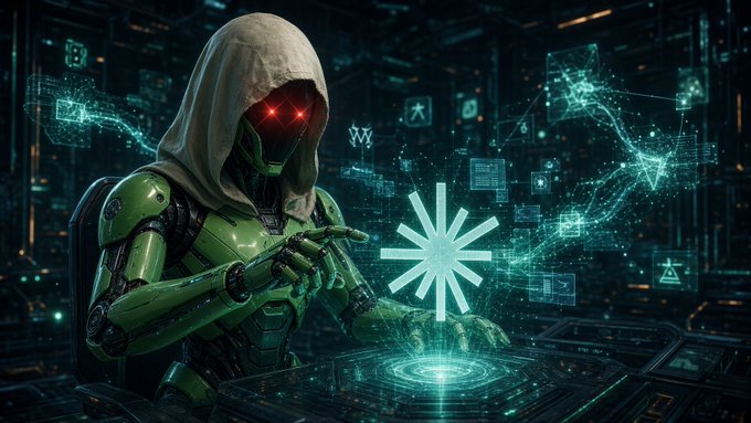 In this image, a humanoid robot with a hood over its head is shown engaging with a digital interface, surrounded by holographic representations of complex data networks. The post accompanying the image indicates that the robot, referred to as a "browser teleop," is experiencing improved responsiveness and control, with the user correcting errors effortlessly and successfully signing digital trajectories that are verified on-chain. This suggests that the robot is becoming more efficient at its tasks, which aligns with the theme of a high-tech, sensitive environment presumably requiring precision and could symbolize advancements in autonomous systems and their integration into complex operational processes.