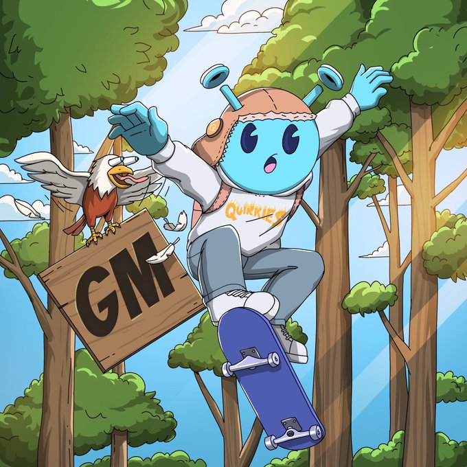 An illustration of a blue alien-like Quirkies character wearing a snail shell helmet riding a skateboard down a wooden ramp labeled 'GM' while an eagle watches.