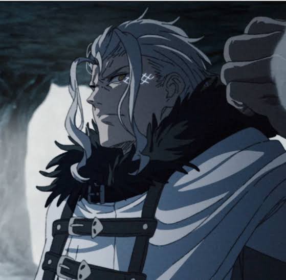 The illustration depicts a stern, white-haired anime character with a facial scar, wearing a fur-collared coat and buckled straps, likely from "Vinland Saga." The character appears resolute and battle-ready, fitting the "15$ ga max touch" caption, which humorously references a small dollar amount paired with an intense, impactful visual.