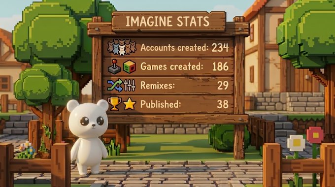 A pixel-art scene shows a wooden "IMAGINE STATS" sign displaying community metrics (Accounts created: 234, Games created: 186, Remixes: 29, Published: 38) in a village setting with a small white bear character, illustrating the ongoing development and growth of the Imagine platform mentioned in the update.