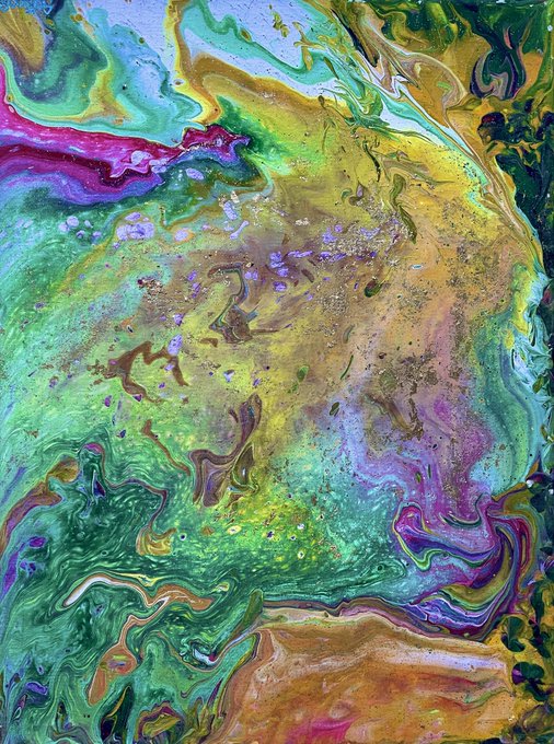 An abstract fluid art composition featuring swirling, marbled patterns in vibrant shades of green, gold, purple, and magenta with bubble-like textures throughout.
