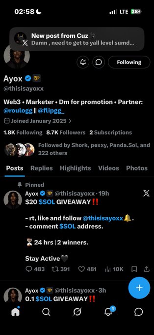 Twitter/X profile screenshot of user 'Ayox' (@thisisayoxx), a Web3 marketer with 8.7K followers, featuring pinned posts about $SOL and $GIVEAWAY promotions.