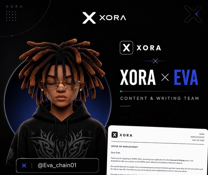 A digital artwork featuring a stylized character with brown dreadlocks and glasses wearing a black hoodie, alongside an 'XORA x EVA' Content & Writing Team offer of employment letter dated July 25, 2026.
