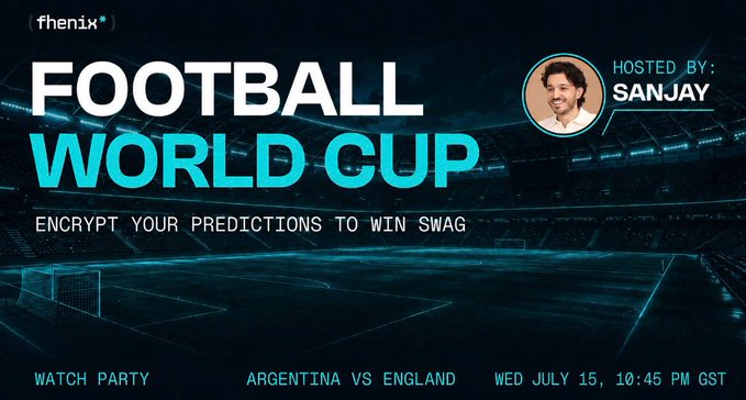 This is an advertisement for a "Football World Cup" watch party hosted by Sanjay, featuring a prediction game where users can "Encrypt Your Predictions to Win Swag" for the Argentina vs England match on Wednesday, July 15th.