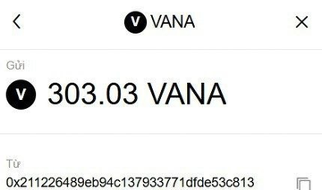 A screenshot of a Vana wallet interface displaying a balance of 303.03 VANA tokens at the address 0x211226489eb94c1379337711dfde53c813, illustrating the substantial airdrop rewards the user received for simply obtaining the "V family" Discord role.
