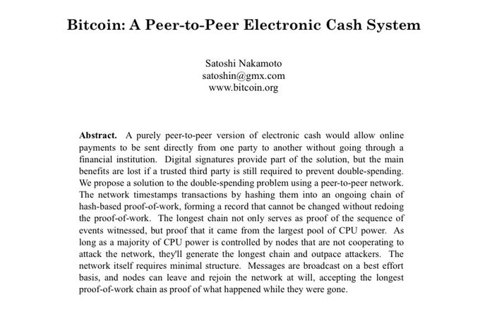 The opening of the original Bitcoin whitepaper titled 'Bitcoin: A Peer-to-Peer Electronic Cash System' by Satoshi Nakamoto, displaying the abstract text on a white background.