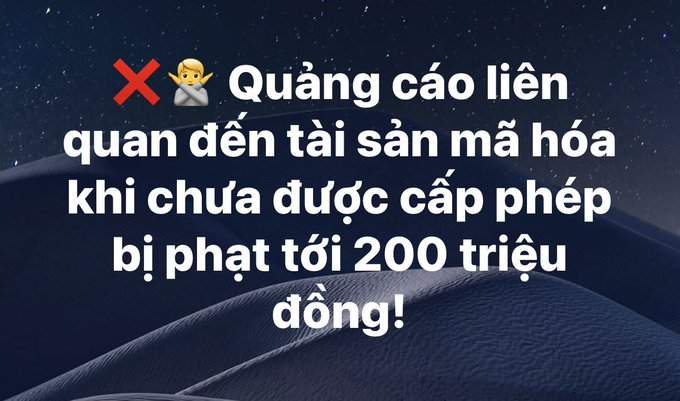 A Vietnamese warning graphic with a red X emoji stating that advertising related to crypto assets without proper licensing can result in fines of up to 200 million VND.
