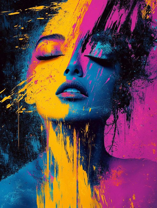 A vibrant mixed-media portrait of a woman with closed eyes, her face and shoulders dramatically splashed with bold yellow, magenta, and teal paint against a dark, abstract background.