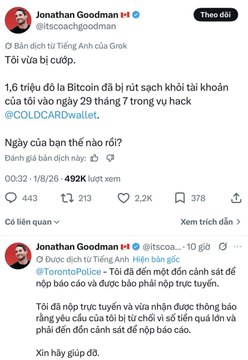 Screenshots of two tweets from Jonathan Goodman (@itscoachgoodman) in Vietnamese discussing a Bitcoin incident and a legal issue with TorontoPolice, with engagement metrics like 2.2K likes visible.
