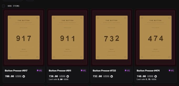 An NFT marketplace display showing four 'Button Presser' digital collectibles (numbered 917, 911, 732, 474), each listed around 700-740 USDC, with 999 total items.