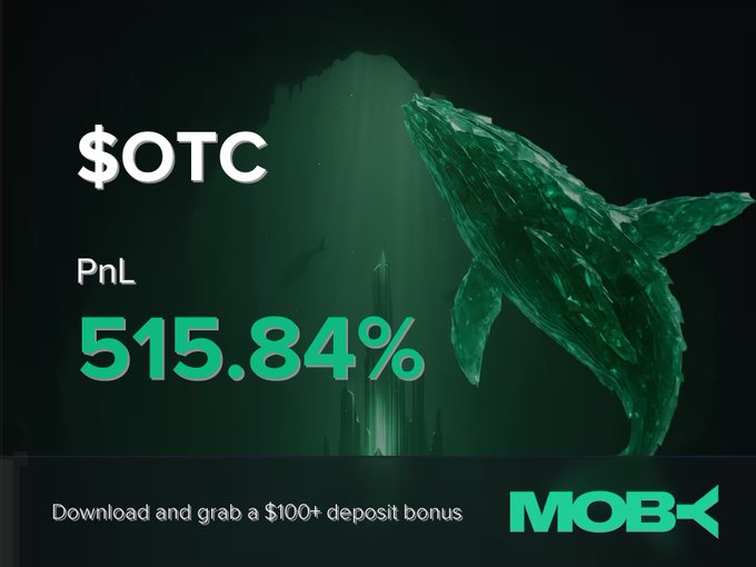 A promotional graphic features a large green whale against a dark background, displaying "$OTC" and a "PnL 515.84%" alongside the Moby logo and a "$100+ deposit bonus" offer, visually highlighting the impressive 515.84% profit that a trader on Moby Mobile achieved on the $OTC token.