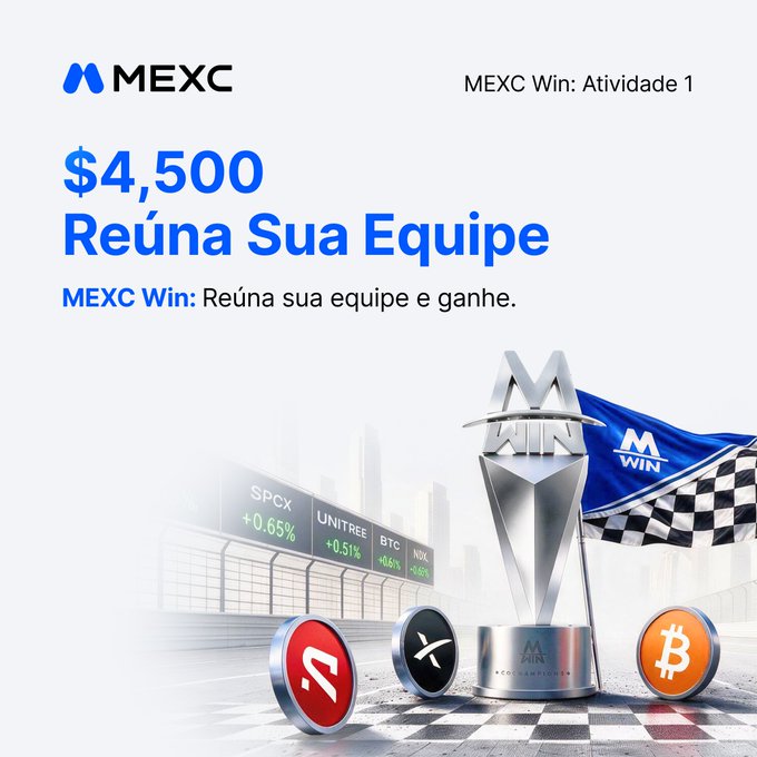 A promotional advertisement for "MEXC Win: Atividade 1" offering a "$4,500 Reúna Sua Equipe" prize, featuring the MEXC logo, a silver championship trophy with a checkered flag, and cryptocurrency coins (SPCX, UNITREE, BTC) on a racing-themed background.