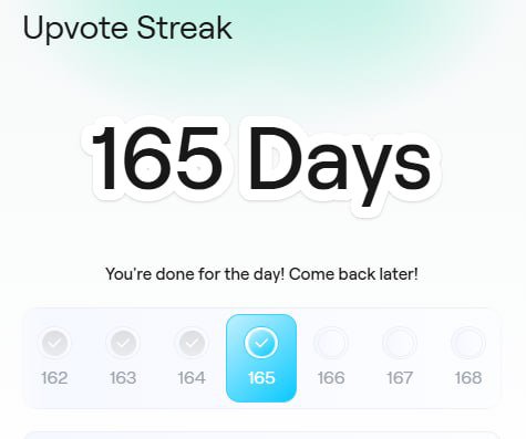 App screenshot showing 'Upvote Streak' at '165 Days' with the message 'You're done for the day! Come back later!'