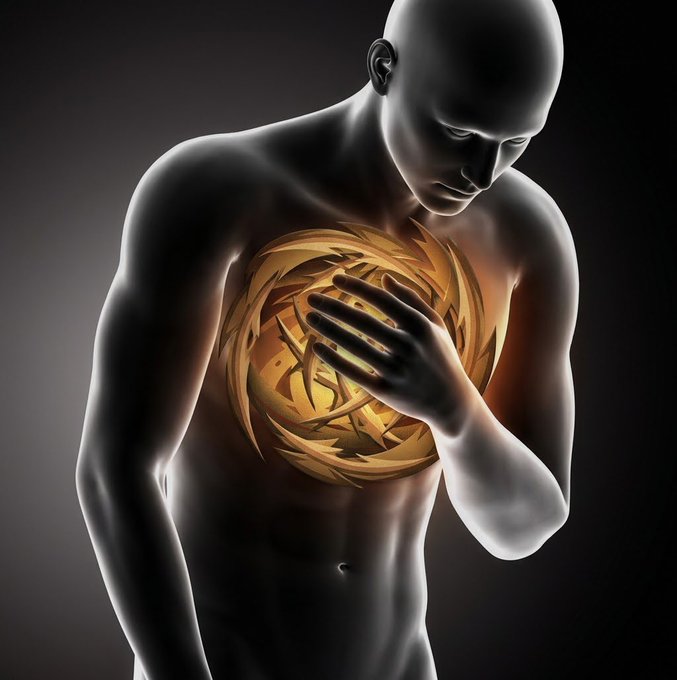 A 3D rendered illustration of a dark humanoid figure with a glowing golden mechanical orb exposed within its chest, which it touches with one hand.