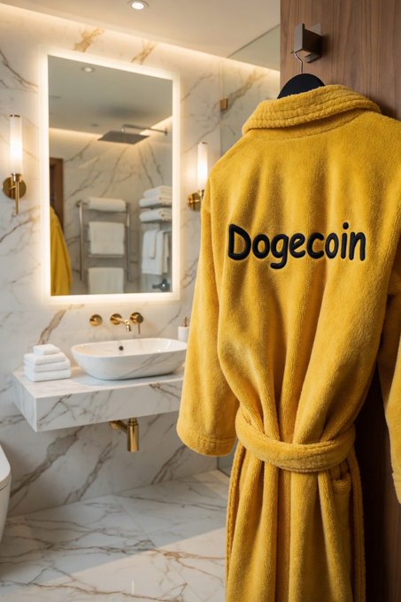 The image features a yellow robe hanging from a hook or hanger, likely in a bathroom setting. The robe has the word "DOGE" written on it in black letters. The background of the image shows a white sink with two faucets, and there is also a mirror above the sink.