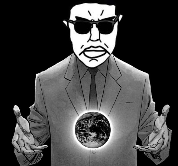 A black-and-white illustrated meme depicts a suited figure wearing sunglasses and a stern expression, gesturing toward an illuminated Earth hovering above his hands in a godlike pose. The image conveys a sense of grand scale and authority, fitting the post's call for community-focused tooling built to serve the broader ecosystem, not just individual holders, on thestonkboard.com.
