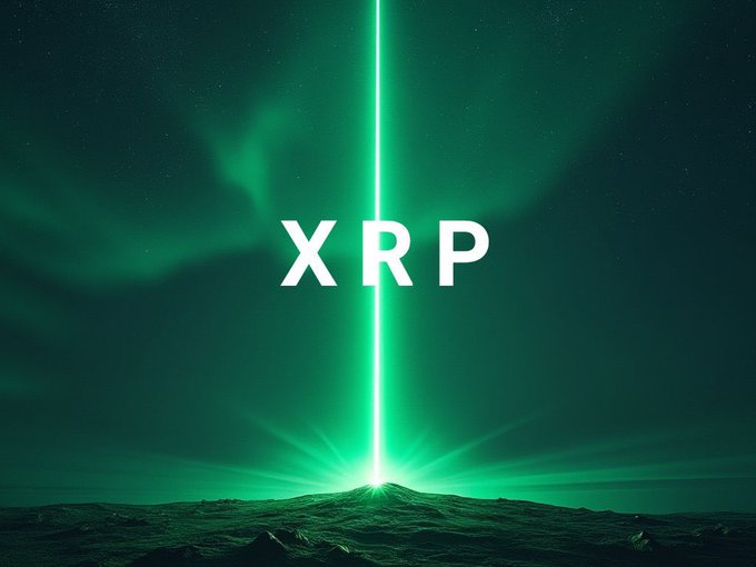 A promotional graphic featuring 'XRP' in bold white text with a bright green vertical light beam shining down onto a dark landscape.