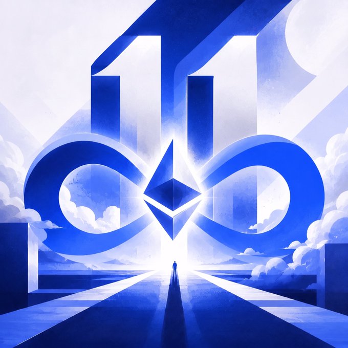 The image features a stylized "11" logo incorporating the Ethereum symbol (Ξ) at its center, rendered in blue and white with a small silhouetted figure standing on a path gazing toward a bright horizon. The illustration celebrates Ethereum's 11-year milestone, visually conveying the post's theme of a forward-looking journey toward infinity, with the lone traveler symbolizing the community's optimistic march into blockchain's next era.