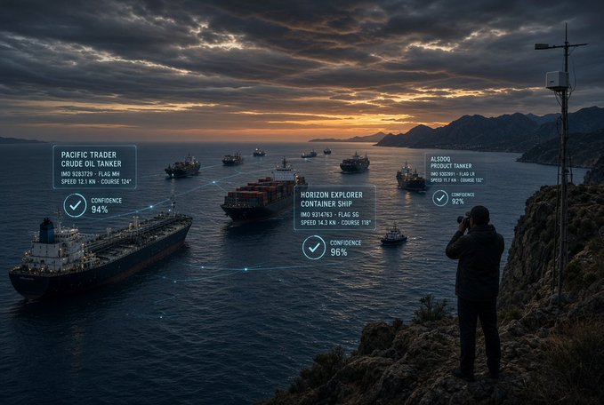 Futuristic scene of a man on a cliff using binoculars to observe cargo ships, with digital overlays identifying vessels like 'PACIFIC TRADER CRUDE OIL TANKER', 'HORIZON EXPLORER CONTAINER SHIP', and 'ALS000 PRODUCT TANKER' with confidence percentages.