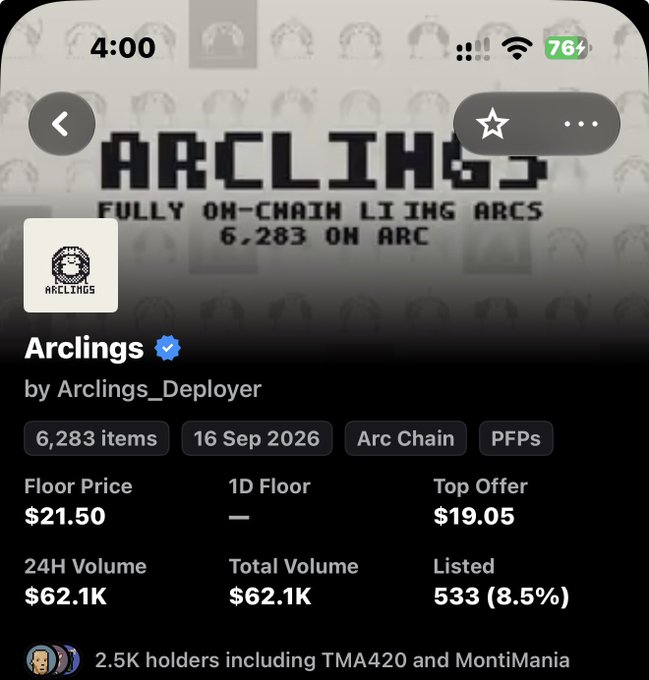 A screenshot of an NFT collection called 'Arclings' by Arclings_Deployer, showing 6,283 items with a floor price of $21.50, top offer of $19.05, and 2.5K holders including TMA420 and MontiMania.