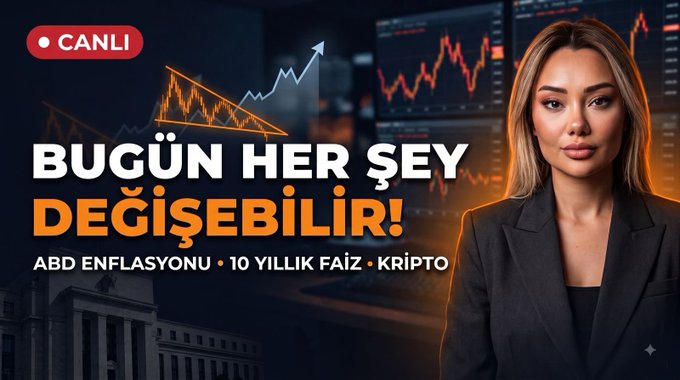 A live broadcast thumbnail featuring a blonde woman in a dark blazer against a backdrop of financial charts, with a red "CANLI" (Live) badge and Turkish text reading "BUGÜN HER ŞEY DEĞİŞEBİLİR!" (Everything Could Change Today!) highlighting topics of US inflation, 10-year interest rates, and crypto scheduled for August 12 at 12:30.