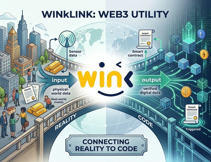 An illustrated diagram titled 'WINKLINK: WEB3 UTILITY' depicting the platform as a bridge connecting 'REALITY' (physical world data input) and 'CODE' (verified digital data output to smart contracts), with the caption 'CONNECTING REALITY TO CODE'.