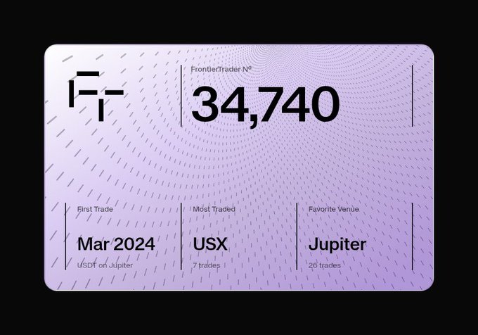 A purple digital trading card for 'FrontierTrader N° 34,740' displays stats including a first trade of 'Mar 2024' (USDT on Jupiter), most traded as USX with 7 trades, and favorite venue Jupiter with 20 trades.