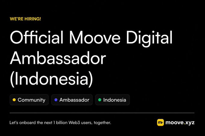 The image features an advertisement for an online application called "Official Mooove Digital Ambassador (Indonesia)". The text on the image reads, "Not gonna lie... if I were in Indonesia, I'd already be applying for this @moovexyz has officially opened applications for its Digital Ambassador Program". This post is promoting a program that connects individuals with opportunities to work and learn about Web3 technology.