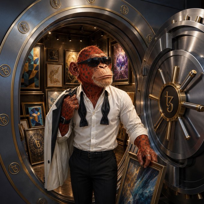 A digital artwork of a red-skinned monkey wearing sunglasses, a white shirt, and a loosened black tie, standing in the open door of a large vault holding a framed painting.