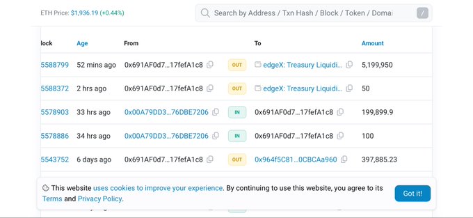 A screenshot of an Ethereum blockchain explorer shows large EDGE token transactions involving the address 0x691AF0d7...17fefA1c8, with notable movements including 5,199,950 EDGE sent out to the edgeX Treasury Liquidity wallet 52 minutes ago and 199,899.9 EDGE received from 0x00A79DD3...76DBE7206 33 hours ago, supporting the post's claim of a significant token movement.