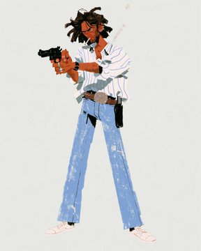A digital illustration of a character with dreadlocks, sunglasses, and a white shirt, holding a handgun and wearing blue flared pants.