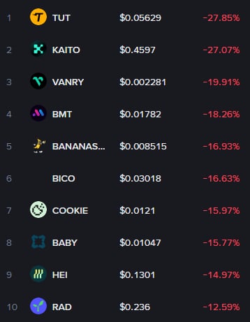 A cryptocurrency price tracking list showing the top 10 declining tokens: TUT (-27.85%), KAITO (-27.07%), VANRY (-19.91%), BMT (-18.26%), BANANAS (-16.93%), BICO (-16.63%), COOKIE (-15.97%), BABY (-15.77%), HEI (-14.97%), and RAD (-12.59%).