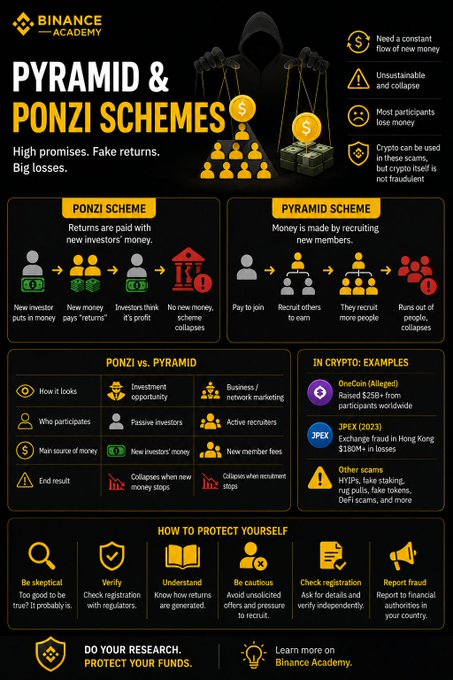 A Binance Academy infographic explaining the differences between Pyramid and Ponzi Schemes, including examples like OneCoin and JPEX, with tips on how to protect yourself.