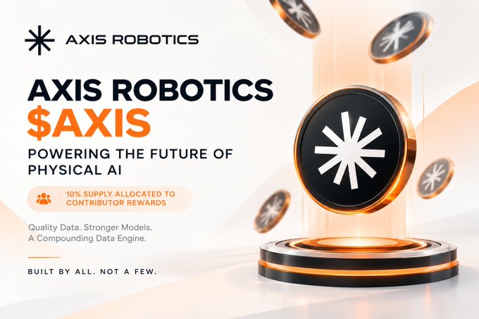 A promotional graphic for 'AXIS ROBOTICS' featuring the token ticker '$AXIS' and the tagline 'POWERING THE FUTURE OF PHYSICAL AI,' with 3D rendered coins bearing the project's logo.