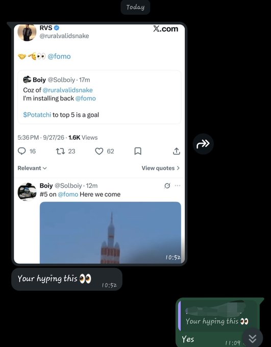 A screenshot of an X.com post from RVS (@ruralvalidsnake) interacting with @fomo, quoting a tweet from Boi y (@Solboiy) about installing and hyping $Potatchi to reach top 5, with messages saying "Your hyping this 👀" and "Yes".